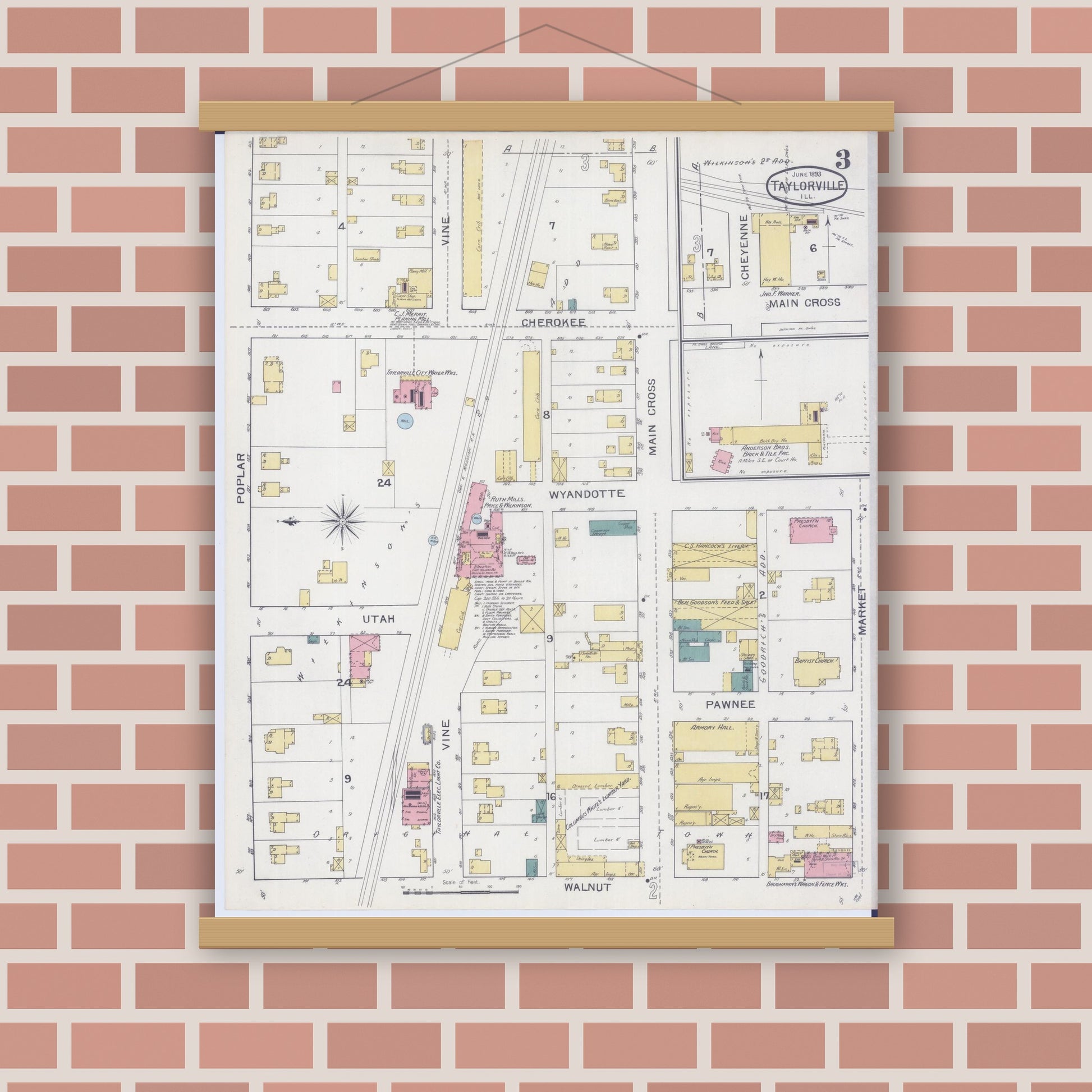 Old map wall art mockup — magnetic wood frame on brick wall — Sanborn Fire Insurance Map from Taylorville, Christian County, Illinois (1893), Sheet #0003
