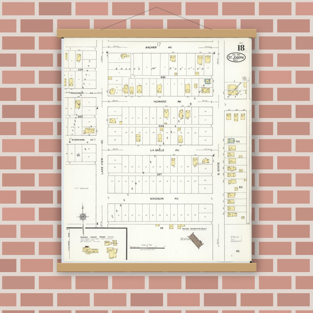 Old map wall art mockup — magnetic wood frame on brick wall — Sanborn Fire Insurance Map from Saint Joseph, Berrien County, Michigan (1921), Sheet #0018