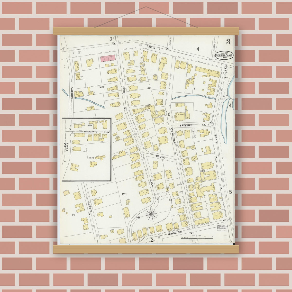 Old map wall art mockup — magnetic wood frame on brick wall — Sanborn Fire Insurance Map from North Adams, Berkshire County, Massachusetts (1897), Sheet #0003