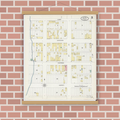 Old map wall art mockup — magnetic wood frame on brick wall — Sanborn Fire Insurance Map from Ely, Saint Louis County, Minnesota (1892), Sheet #0003
