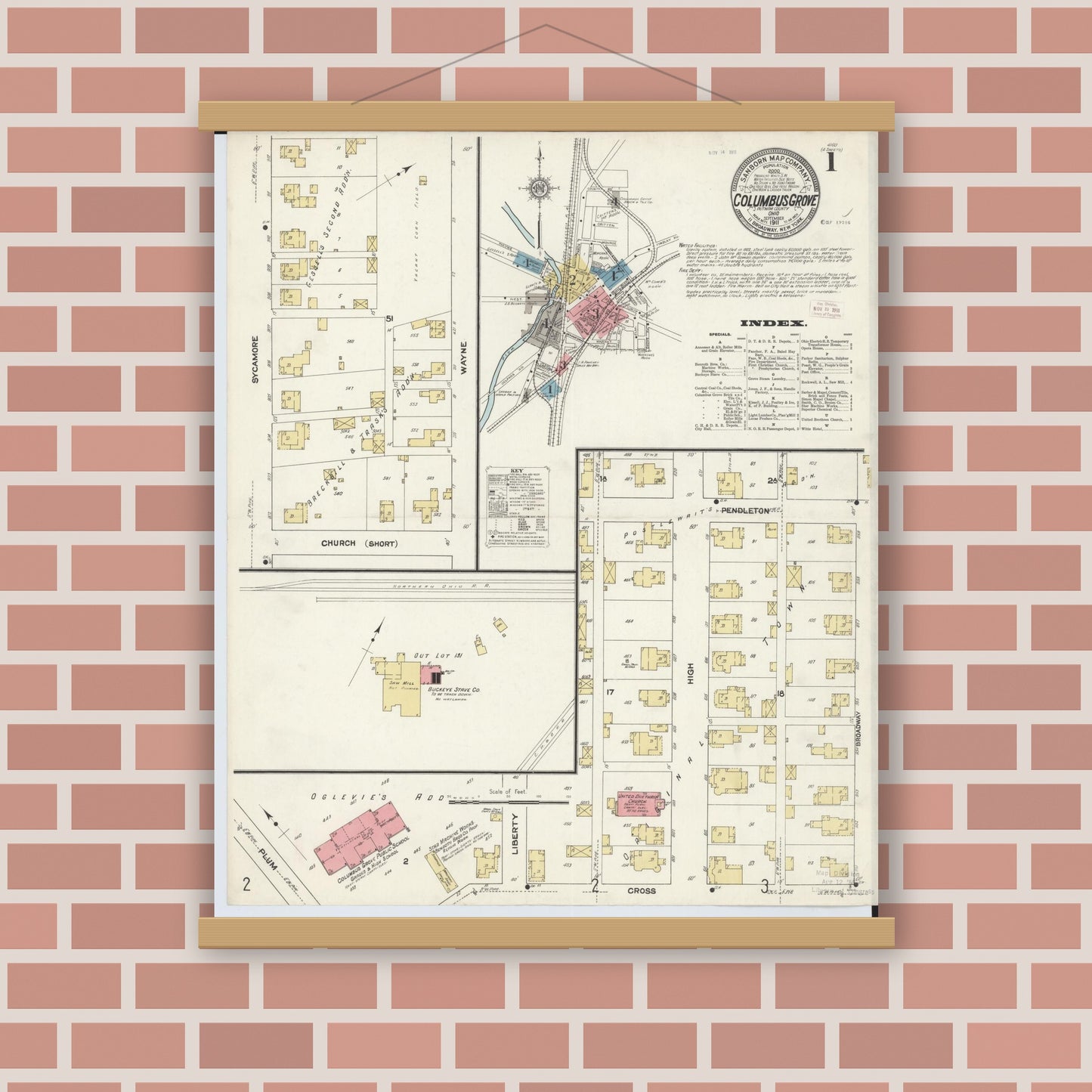 Old map wall art mockup — magnetic wood frame on brick wall — Sanborn Fire Insurance Map from Columbus Grove, Putnam County, Ohio (1911) - Complete Map Set