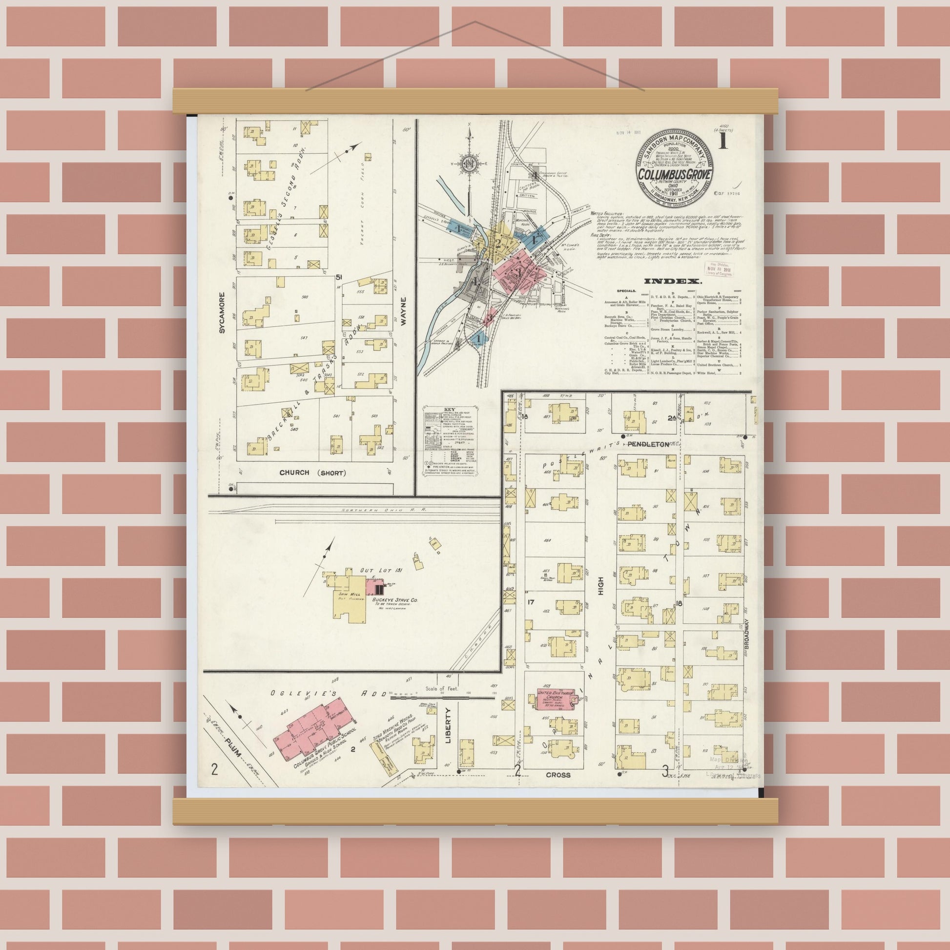 Old map wall art mockup — magnetic wood frame on brick wall — Sanborn Fire Insurance Map from Columbus Grove, Putnam County, Ohio (1911) - Complete Map Set