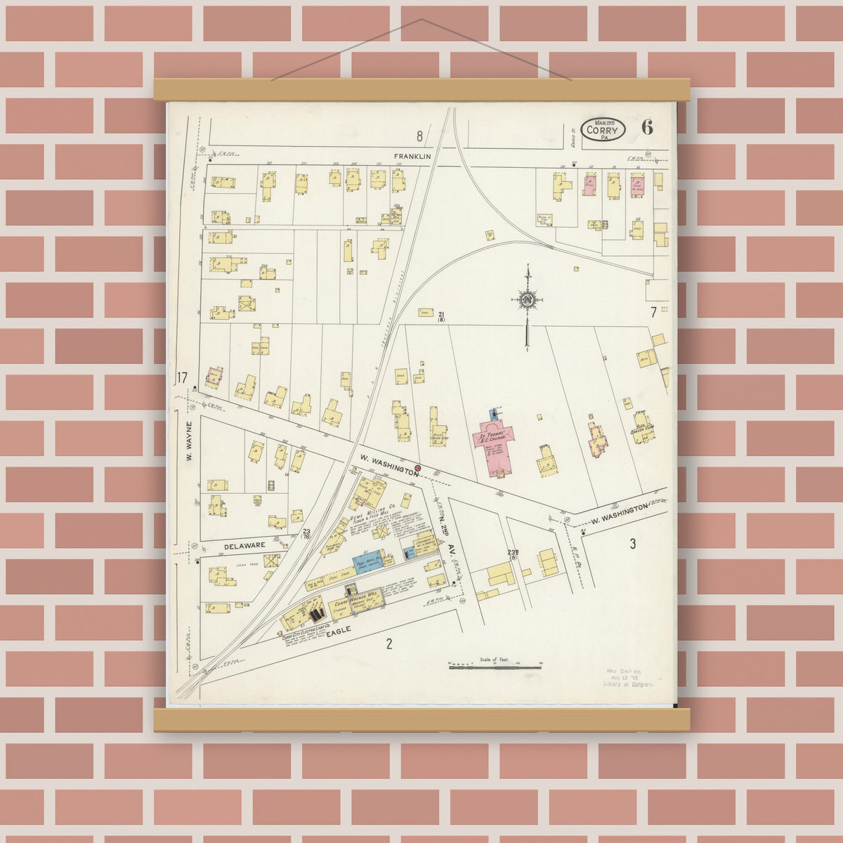 Old map wall art mockup — magnetic wood frame on brick wall — Sanborn Fire Insurance Map from Corry, Erie County, Pennsylvania (1915), Sheet #0006
