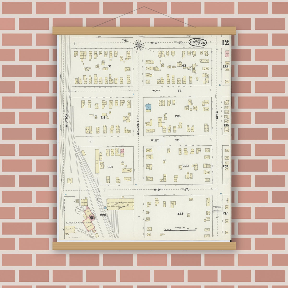 Old map wall art mockup — magnetic wood frame on brick wall — Sanborn Fire Insurance Map from Oswego, Oswego County, New York (1890), Sheet #0012