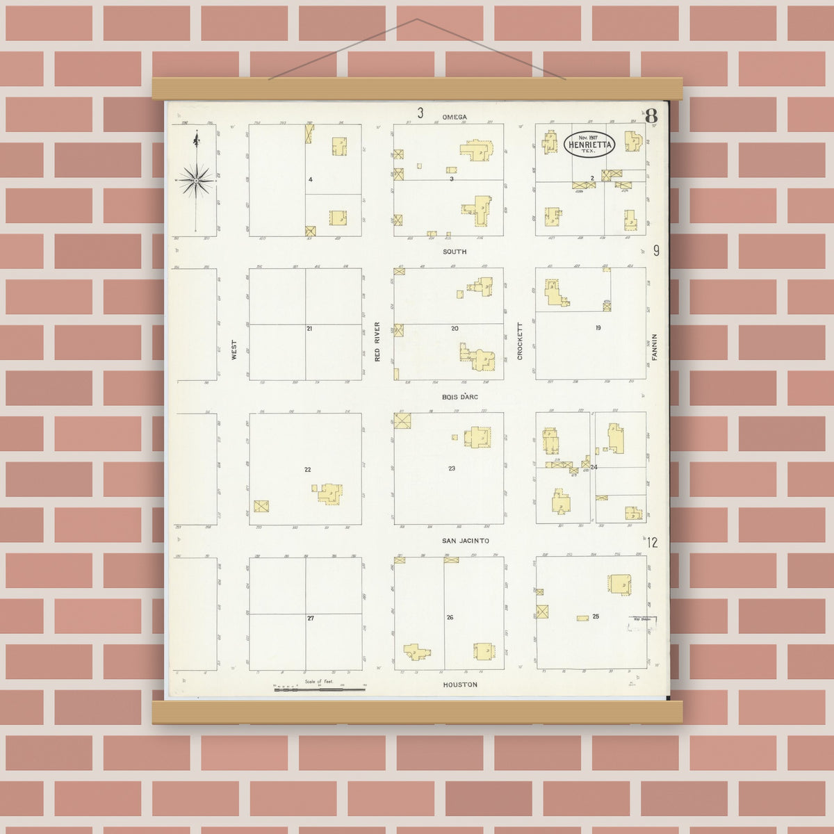 Old map wall art mockup — magnetic wood frame on brick wall — Sanborn Fire Insurance Map from Henrietta, Clay County, Texas (1907), Sheet #0008