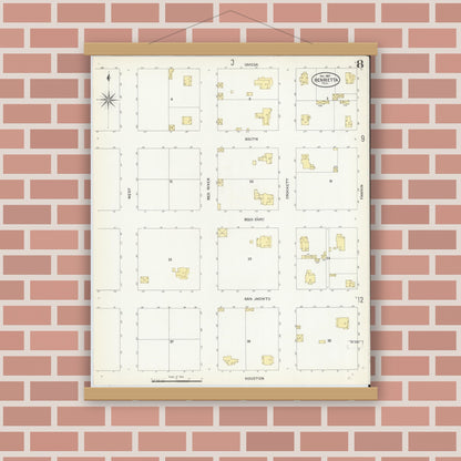 Old map wall art mockup — magnetic wood frame on brick wall — Sanborn Fire Insurance Map from Henrietta, Clay County, Texas (1907), Sheet #0008