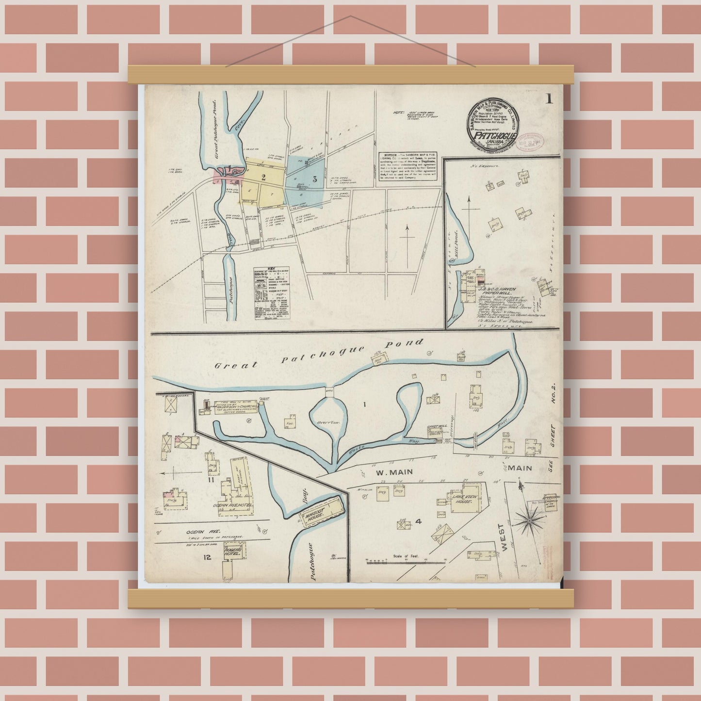 Old map wall art mockup — magnetic wood frame on brick wall — Sanborn Fire Insurance Map from Patchogue, Suffolk County, New York (1884), Sheet #0001