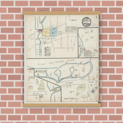 Old map wall art mockup — magnetic wood frame on brick wall — Sanborn Fire Insurance Map from Patchogue, Suffolk County, New York (1884), Sheet #0001
