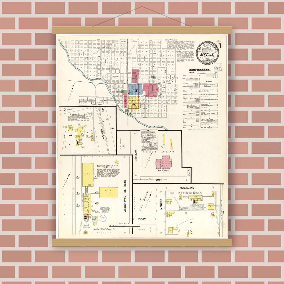 Old map wall art mockup — magnetic wood frame on brick wall — Sanborn Fire Insurance Map from Beeville, Bee County, Texas (1909), Sheet #0001