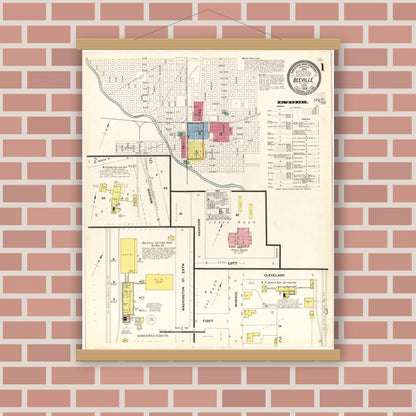 Old map wall art mockup — magnetic wood frame on brick wall — Sanborn Fire Insurance Map from Beeville, Bee County, Texas (1909), Sheet #0001