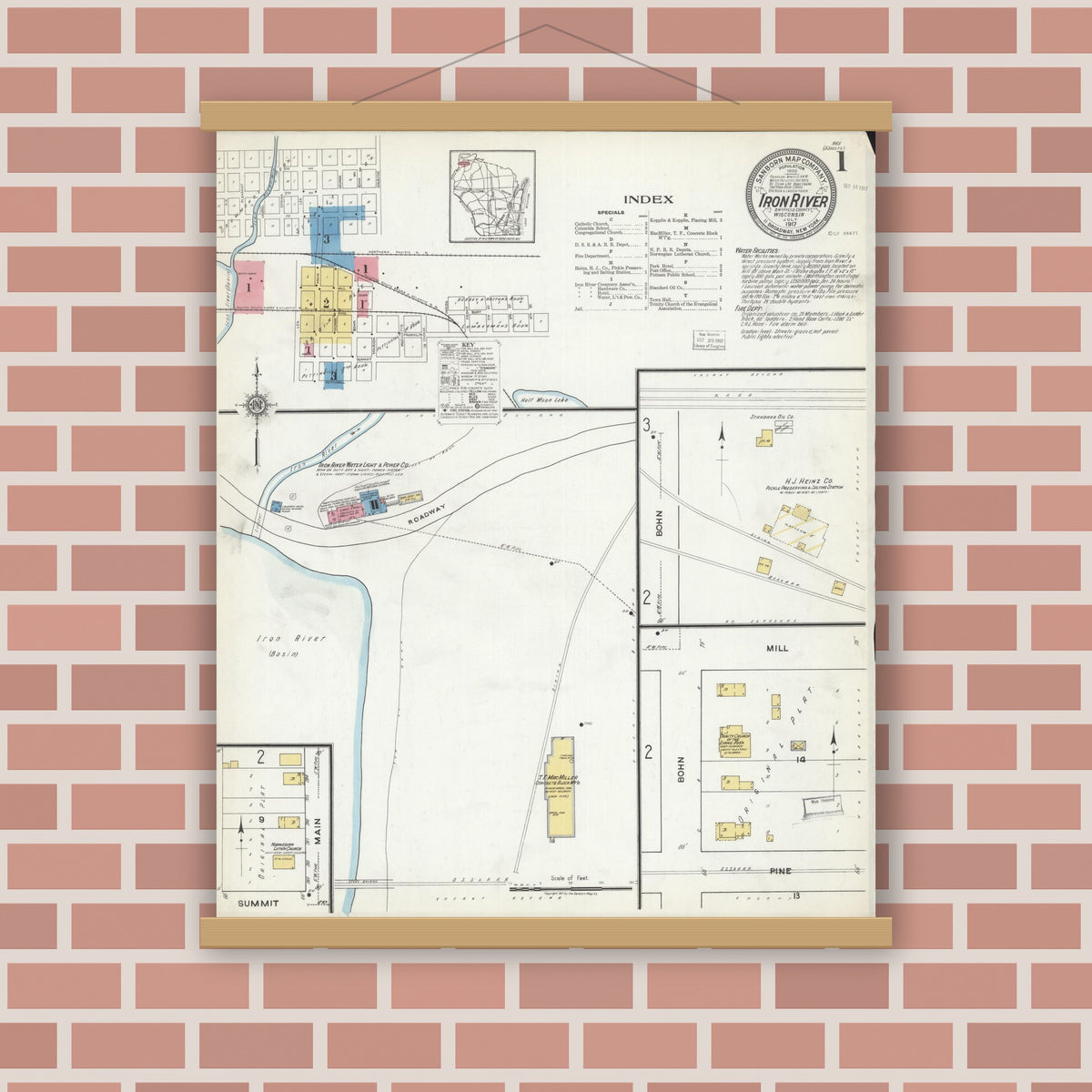 Old map wall art mockup — magnetic wood frame on brick wall — Sanborn Fire Insurance Map from Iron River, Bayfield County, Wisconsin (1917) - Complete Map Set