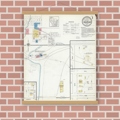 Old map wall art mockup — magnetic wood frame on brick wall — Sanborn Fire Insurance Map from Iron River, Bayfield County, Wisconsin (1917) - Complete Map Set