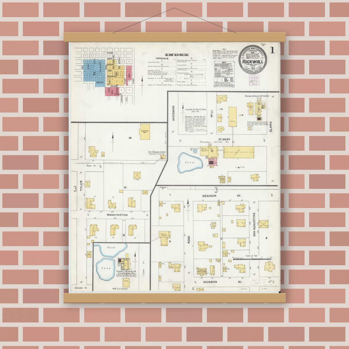 Old map wall art mockup — magnetic wood frame on brick wall — Sanborn Fire Insurance Map from Rockwall, Rockwall County, Texas (1905), Sheet #0001