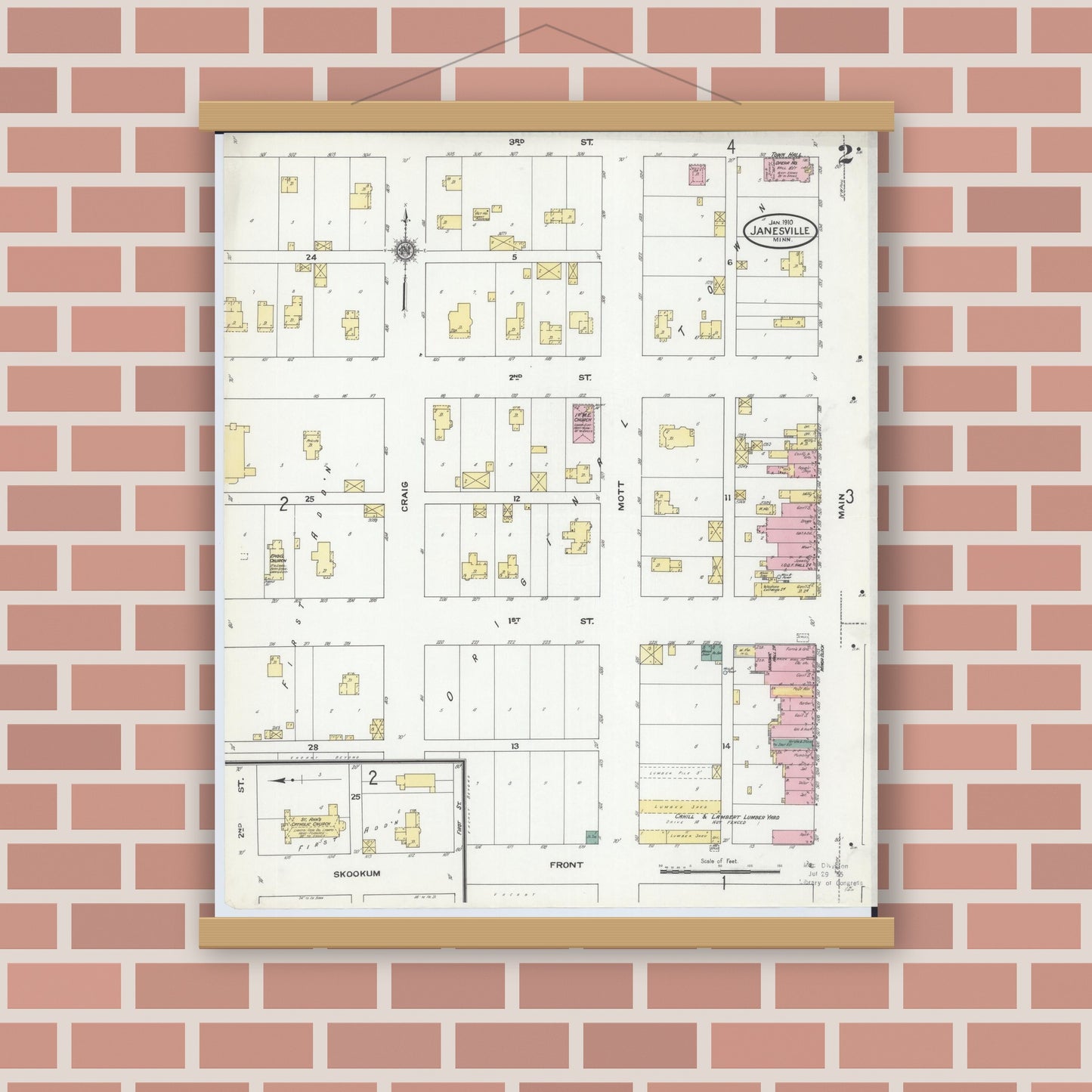 Old map wall art mockup — magnetic wood frame on brick wall — Sanborn Fire Insurance Map from Janesville, Waseca County, Minnesota (1910), Sheet #0002