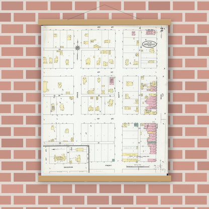 Old map wall art mockup — magnetic wood frame on brick wall — Sanborn Fire Insurance Map from Janesville, Waseca County, Minnesota (1910), Sheet #0002
