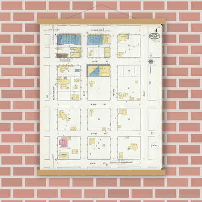Old map wall art mockup — magnetic wood frame on brick wall — Sanborn Fire Insurance Map from Brady, McCulloch County, Texas (1921), Sheet #0004