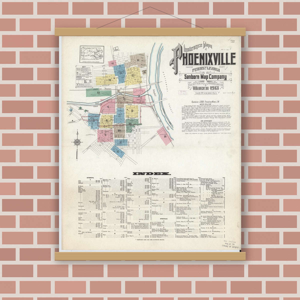 Old map wall art mockup — magnetic wood frame on brick wall — Sanborn Fire Insurance Map from Phoenixville, Chester County, Pennsylvania (1913) - Complete Map Set