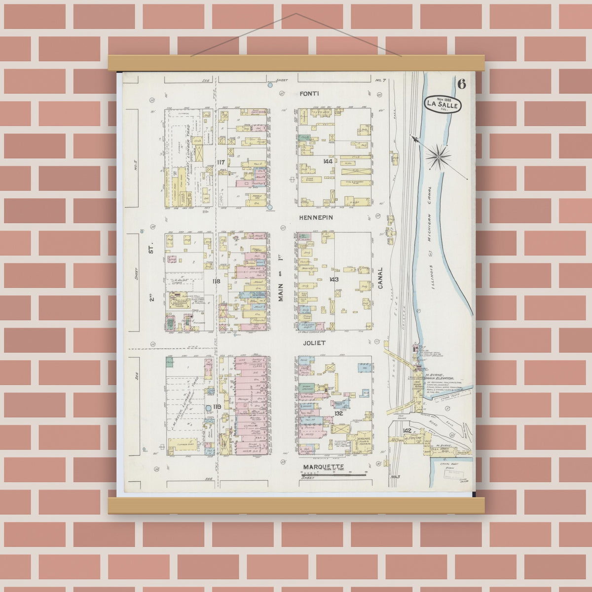 Old map wall art mockup — magnetic wood frame on brick wall — Sanborn Fire Insurance Map from La Salle, La Salle County, Illinois (1888), Sheet #0006