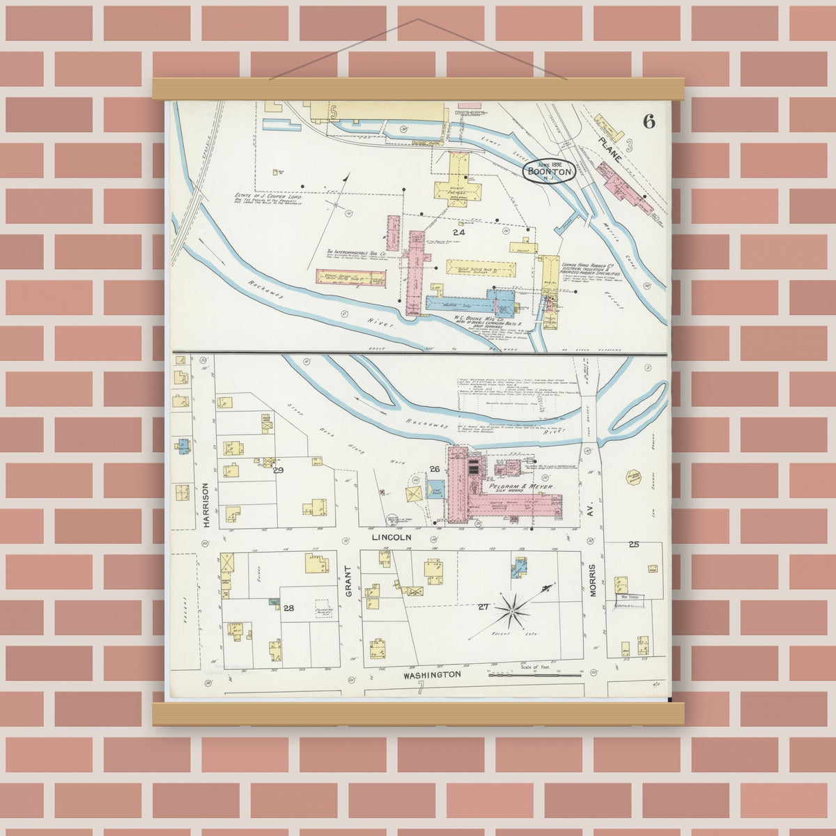 Old map wall art mockup — magnetic wood frame on brick wall — Sanborn Fire Insurance Map from Boonton, Morris County, New Jersey (1892), Sheet #0006