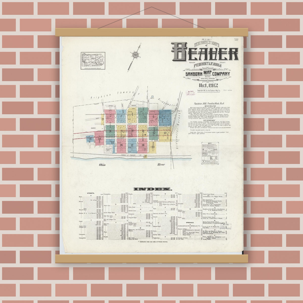 Old map wall art mockup — magnetic wood frame on brick wall — Sanborn Fire Insurance Map from Beaver, Beaver County, Pennsylvania (1912), Sheet #0001