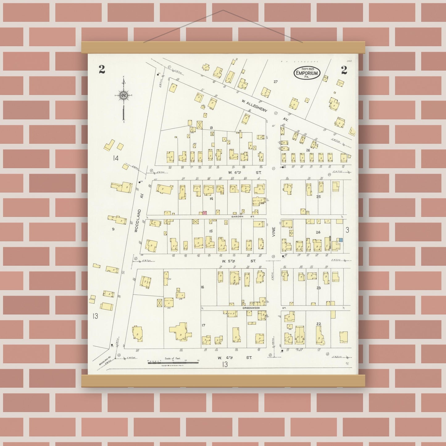 Old map wall art mockup — magnetic wood frame on brick wall — Sanborn Fire Insurance Map from Emporium, Cameron County, Pennsylvania (1925), Sheet #0002