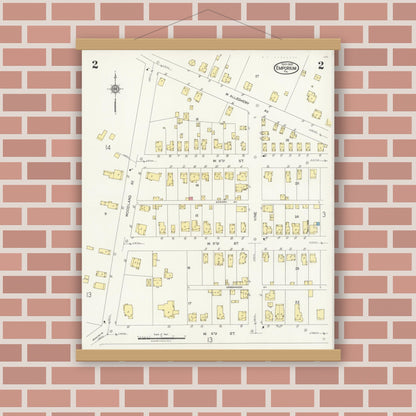 Old map wall art mockup — magnetic wood frame on brick wall — Sanborn Fire Insurance Map from Emporium, Cameron County, Pennsylvania (1925), Sheet #0002