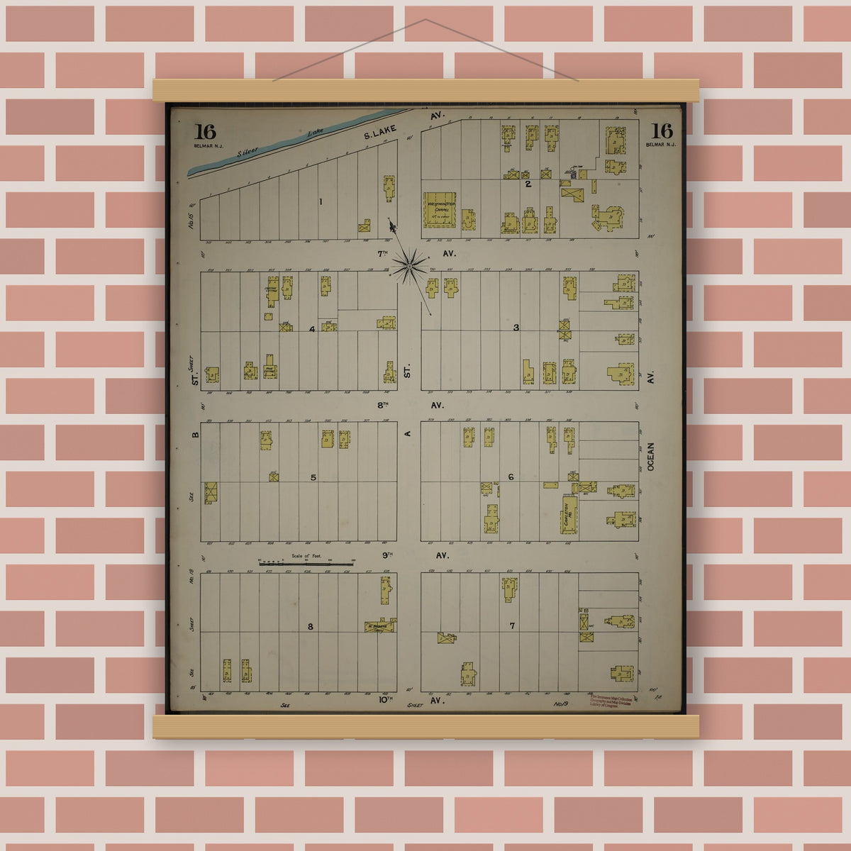 Old map wall art mockup — magnetic wood frame on brick wall — Sanborn Fire Insurance Map from New Jersey Coast, New Jersey Coast, New Jersey (1890), Sheet #0016