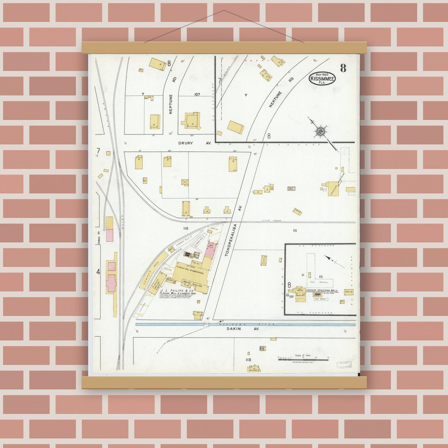 Old map wall art mockup — magnetic wood frame on brick wall — Sanborn Fire Insurance Map from Kissimmee, Osceola County, Florida (1920), Sheet #0008
