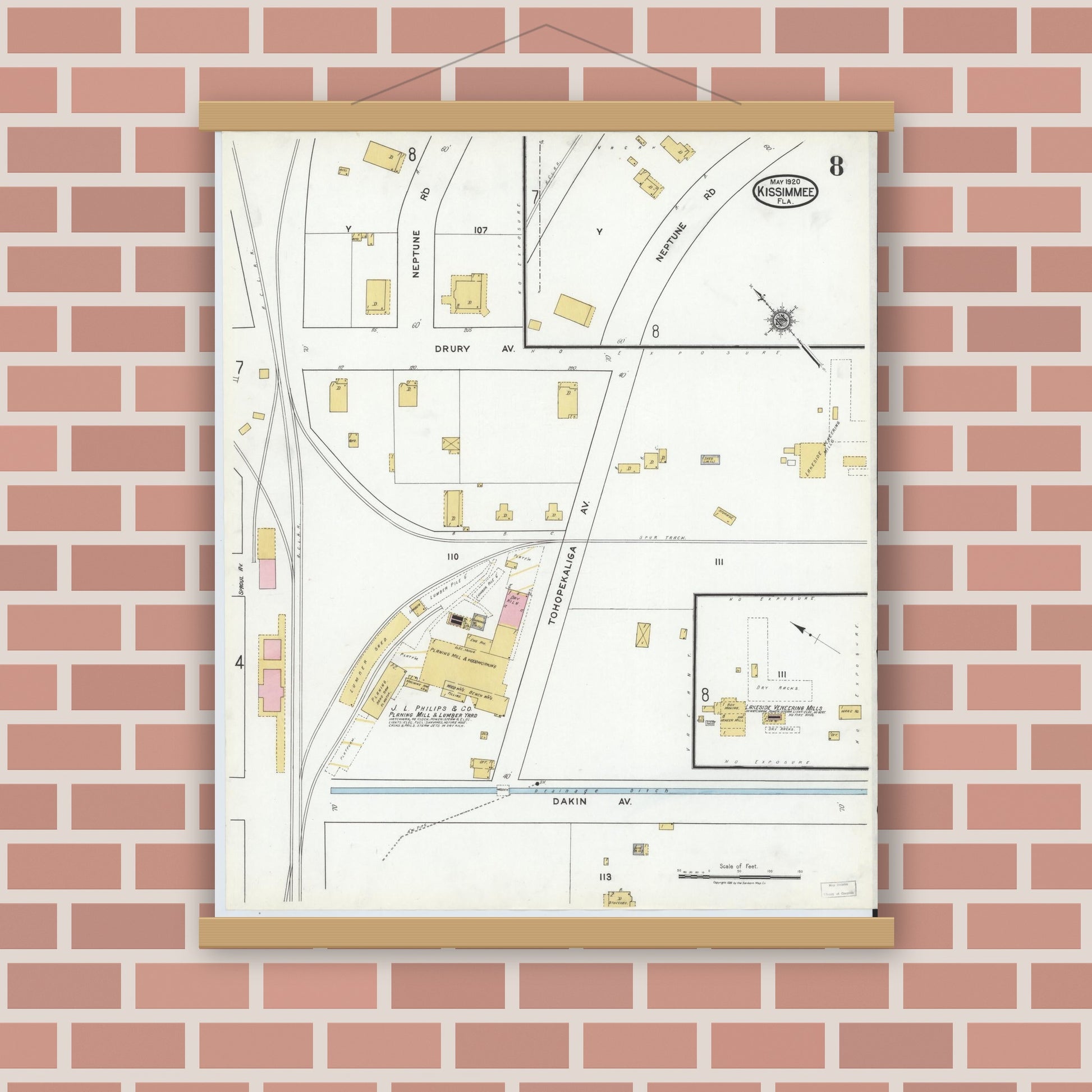 Old map wall art mockup — magnetic wood frame on brick wall — Sanborn Fire Insurance Map from Kissimmee, Osceola County, Florida (1920), Sheet #0008