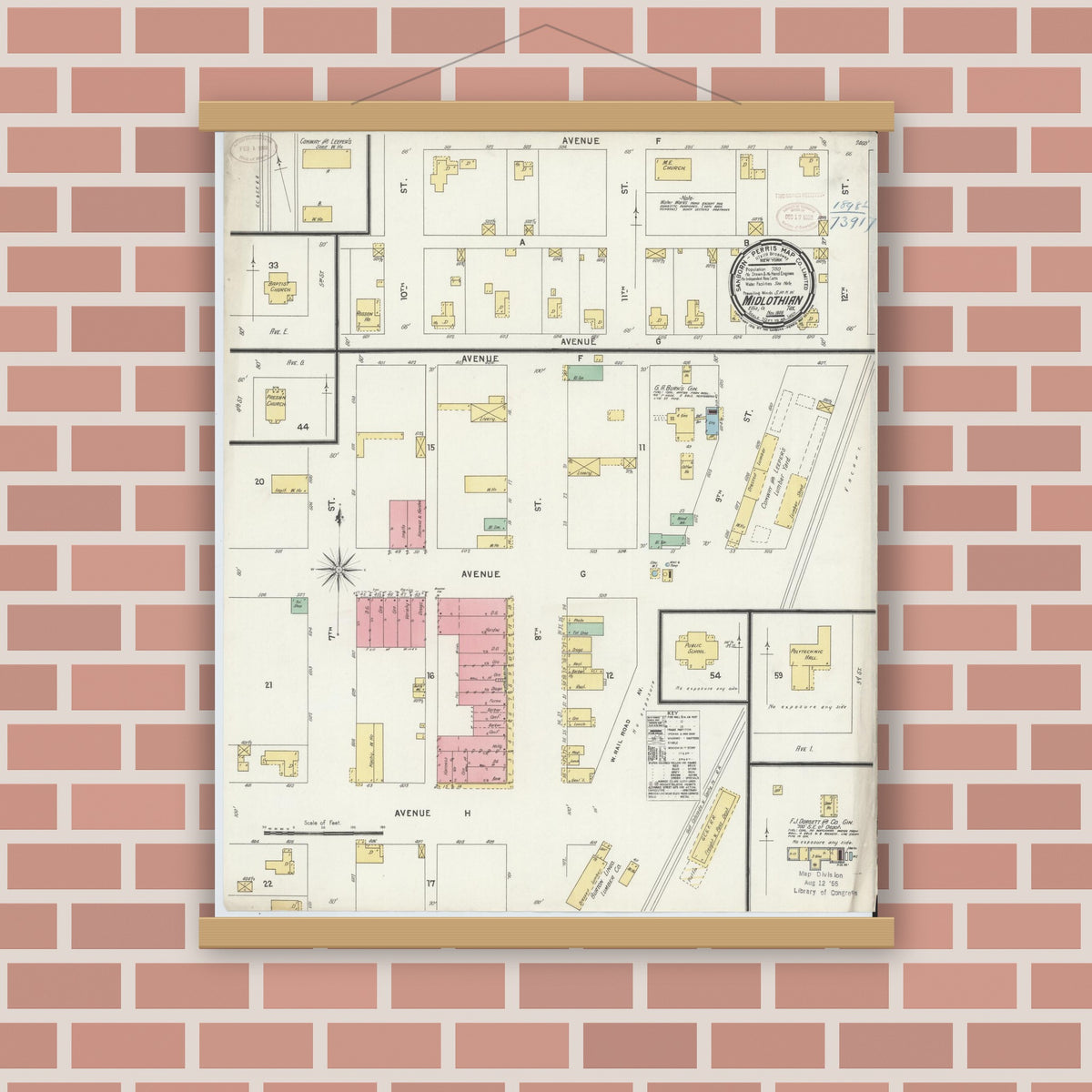 Old map wall art mockup — magnetic wood frame on brick wall — Sanborn Fire Insurance Map from Midlothian, Ellis County, Texas (1898), Sheet #0001