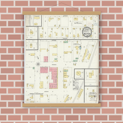 Old map wall art mockup — magnetic wood frame on brick wall — Sanborn Fire Insurance Map from Midlothian, Ellis County, Texas (1898), Sheet #0001