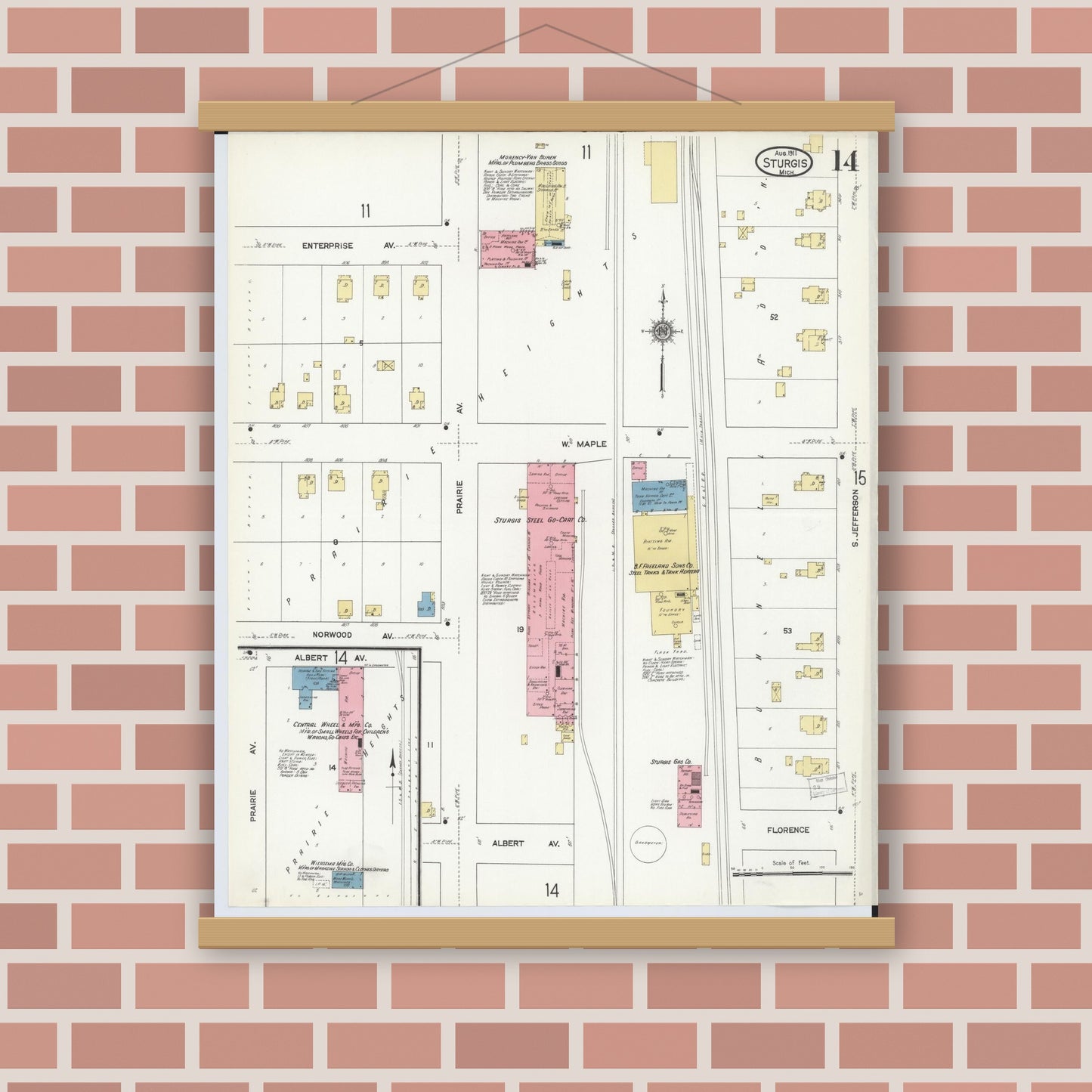 Old map wall art mockup — magnetic wood frame on brick wall — Sanborn Fire Insurance Map from Sturgis, Saint Joseph County, Michigan (1911), Sheet #0014