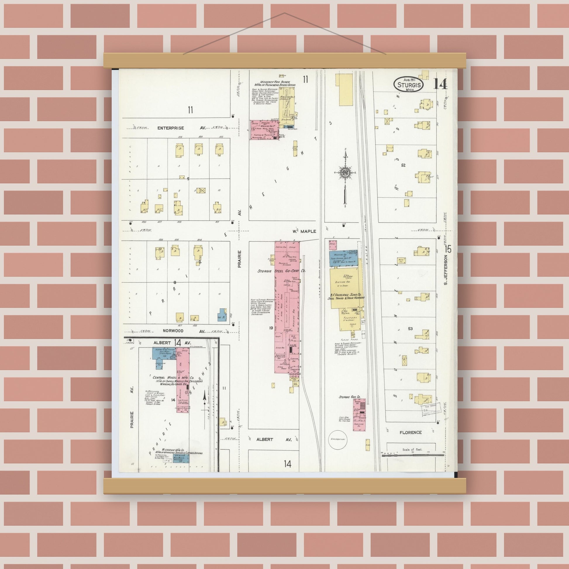 Old map wall art mockup — magnetic wood frame on brick wall — Sanborn Fire Insurance Map from Sturgis, Saint Joseph County, Michigan (1911), Sheet #0014