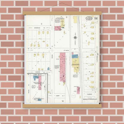 Old map wall art mockup — magnetic wood frame on brick wall — Sanborn Fire Insurance Map from Sturgis, Saint Joseph County, Michigan (1911), Sheet #0014