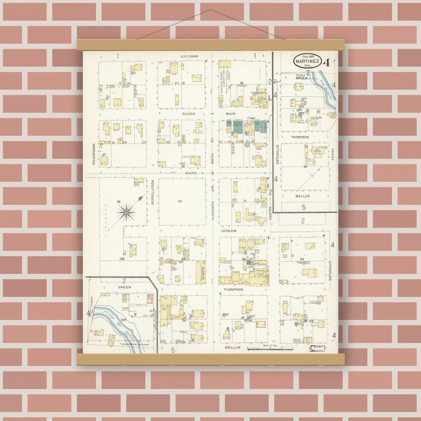 Old map wall art mockup — magnetic wood frame on brick wall — Sanborn Fire Insurance Map from Martinez, Contra Costa County, California (1897), Sheet #0004