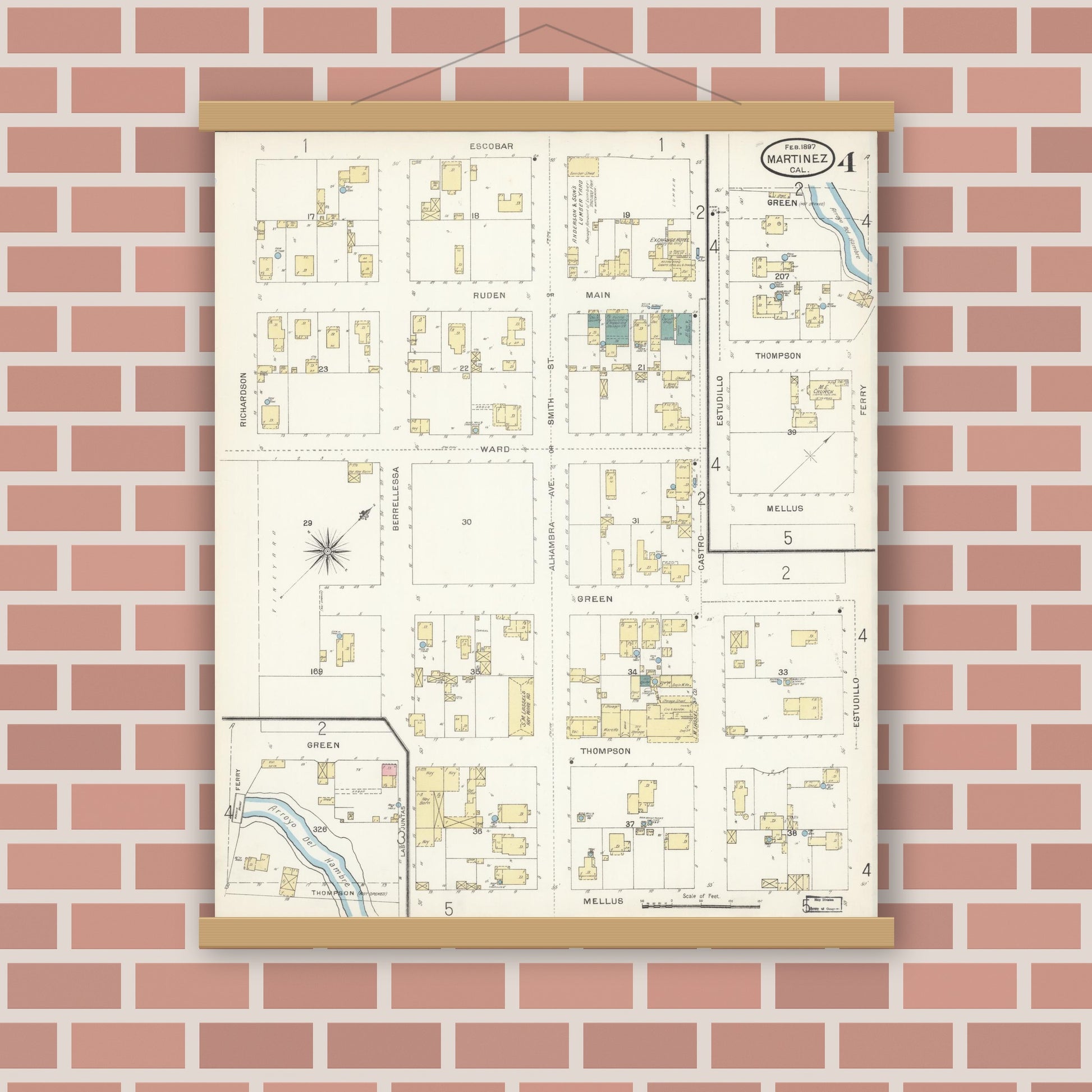 Old map wall art mockup — magnetic wood frame on brick wall — Sanborn Fire Insurance Map from Martinez, Contra Costa County, California (1897), Sheet #0004
