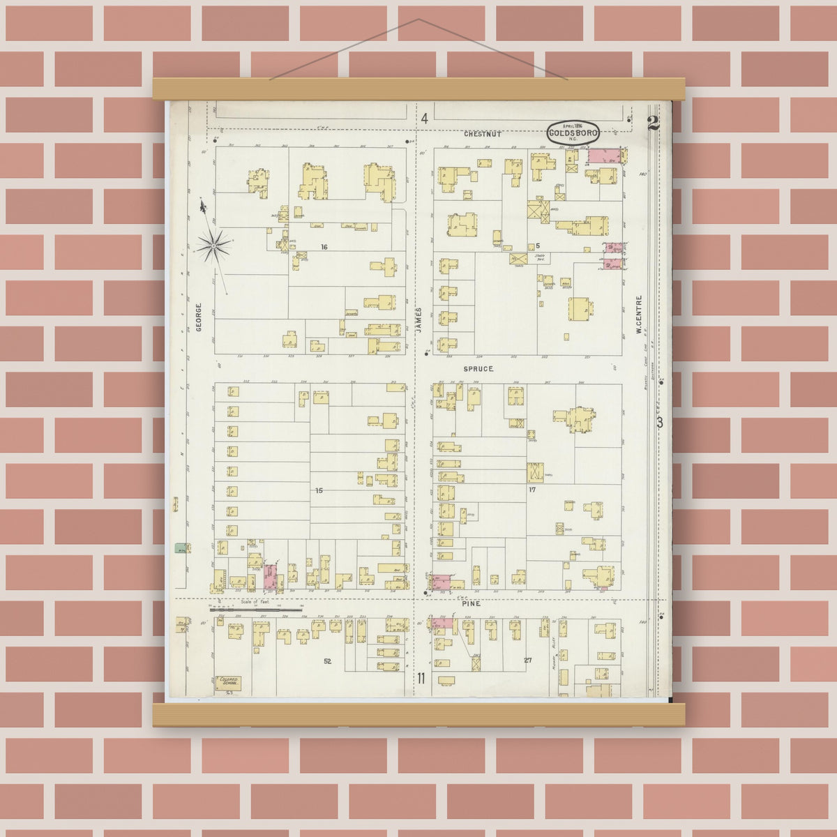 Old map wall art mockup — magnetic wood frame on brick wall — Sanborn Fire Insurance Map from Goldsboro, Wayne County, North Carolina (1896), Sheet #0002