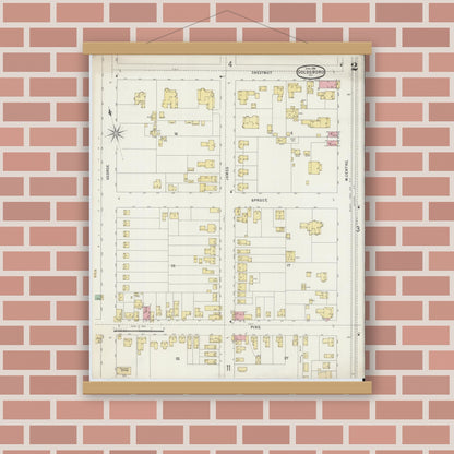 Old map wall art mockup — magnetic wood frame on brick wall — Sanborn Fire Insurance Map from Goldsboro, Wayne County, North Carolina (1896), Sheet #0002