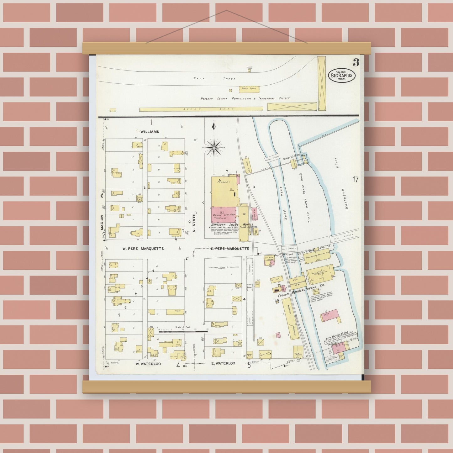Old map wall art mockup — magnetic wood frame on brick wall — Sanborn Fire Insurance Map from Big Rapids, Mecosta County, Michigan (1908), Sheet #0003