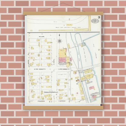Old map wall art mockup — magnetic wood frame on brick wall — Sanborn Fire Insurance Map from Big Rapids, Mecosta County, Michigan (1908), Sheet #0003