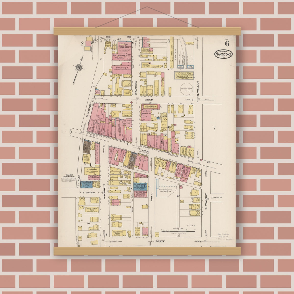 Old map wall art mockup — magnetic wood frame on brick wall — Sanborn Fire Insurance Map from Nanticoke, Luzerne County, Pennsylvania (1920), Sheet #0006