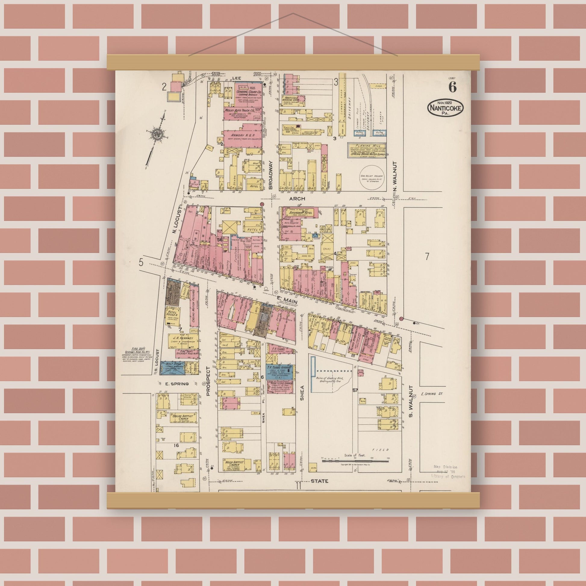 Old map wall art mockup — magnetic wood frame on brick wall — Sanborn Fire Insurance Map from Nanticoke, Luzerne County, Pennsylvania (1920), Sheet #0006