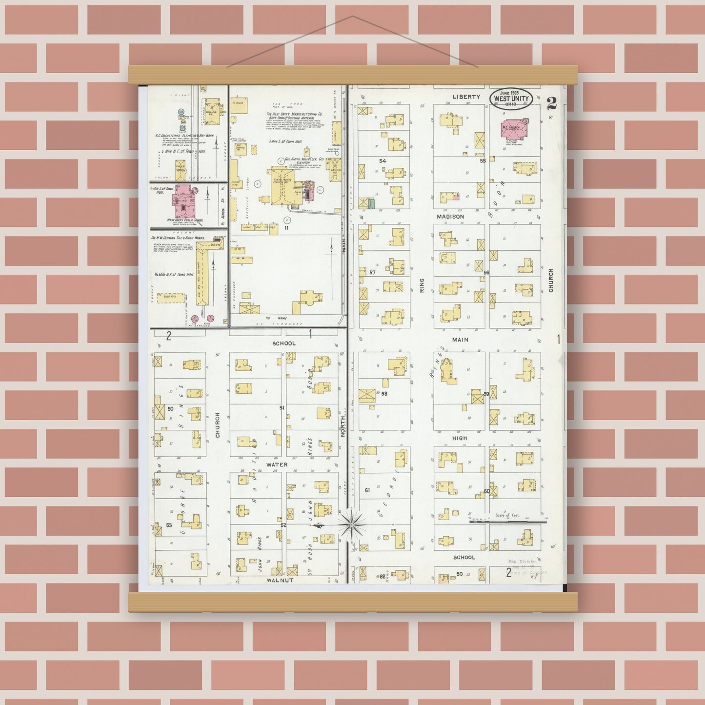 Old map wall art mockup — magnetic wood frame on brick wall — Sanborn Fire Insurance Map from West Unity, Williams County, Ohio (1905), Sheet #0002