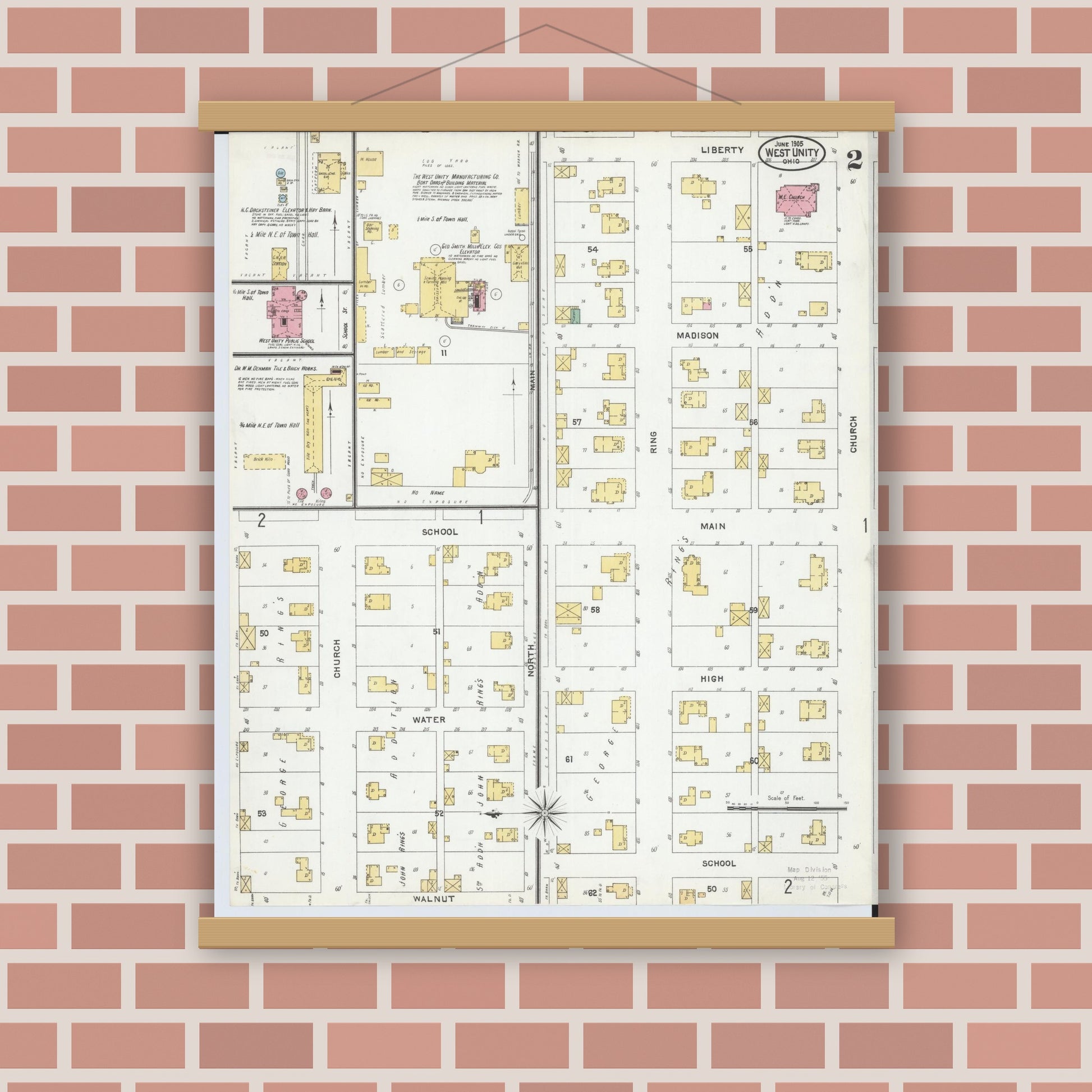 Old map wall art mockup — magnetic wood frame on brick wall — Sanborn Fire Insurance Map from West Unity, Williams County, Ohio (1905), Sheet #0002
