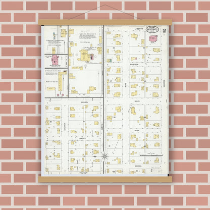 Old map wall art mockup — magnetic wood frame on brick wall — Sanborn Fire Insurance Map from West Unity, Williams County, Ohio (1905), Sheet #0002