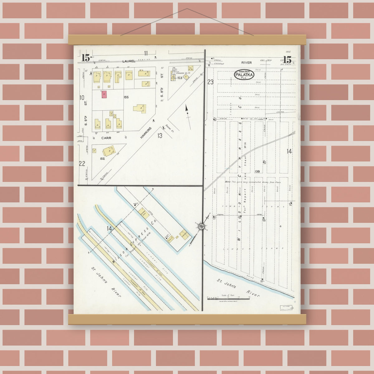 Old map wall art mockup — magnetic wood frame on brick wall — Sanborn Fire Insurance Map from Palatka, Putnam County, Florida (1924), Sheet #0015