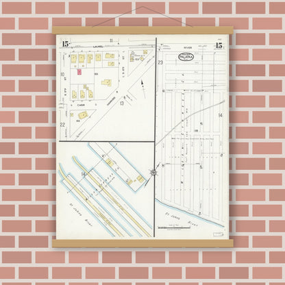 Old map wall art mockup — magnetic wood frame on brick wall — Sanborn Fire Insurance Map from Palatka, Putnam County, Florida (1924), Sheet #0015