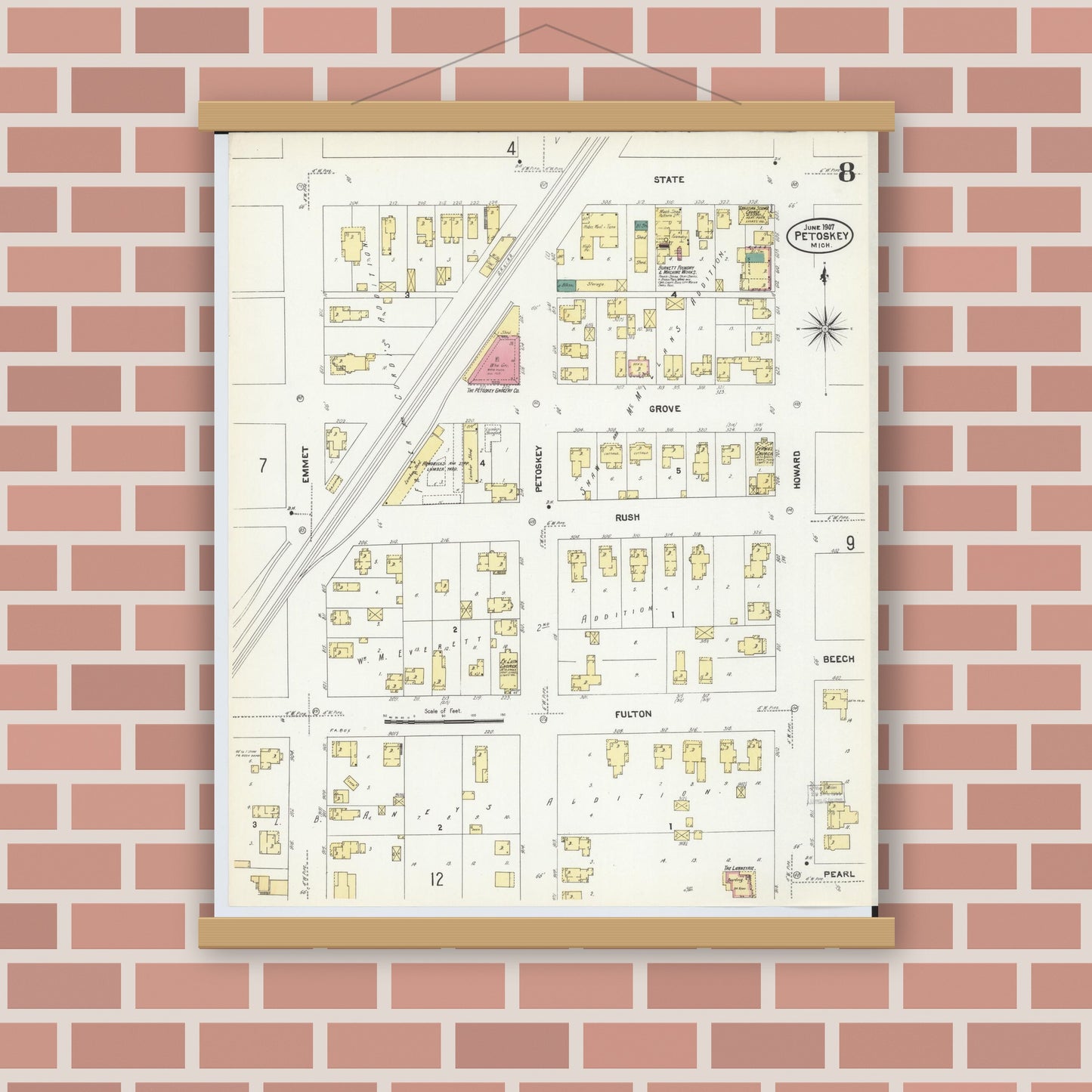 Old map wall art mockup — magnetic wood frame on brick wall — Sanborn Fire Insurance Map from Petoskey, Emmet County, Michigan (1907), Sheet #0008