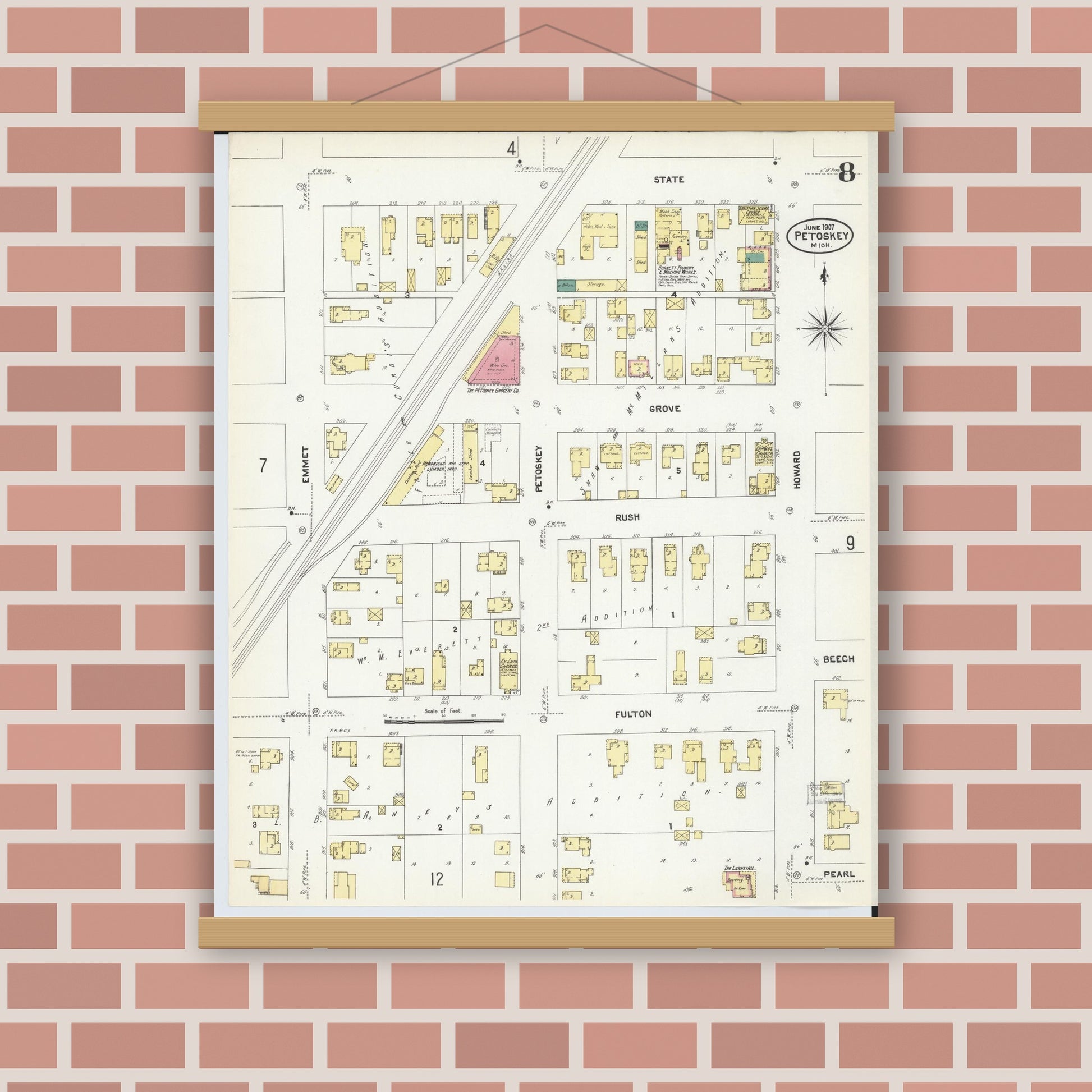 Old map wall art mockup — magnetic wood frame on brick wall — Sanborn Fire Insurance Map from Petoskey, Emmet County, Michigan (1907), Sheet #0008