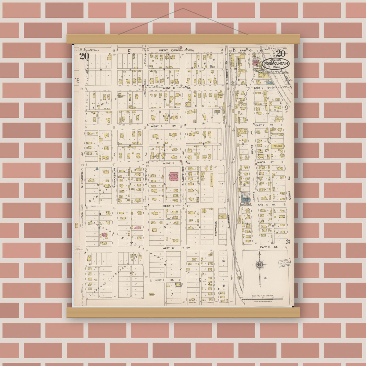 Old map wall art mockup — magnetic wood frame on brick wall — Sanborn Fire Insurance Map from Iron Mountain, Dickinson County, Michigan (1923), Sheet #0020